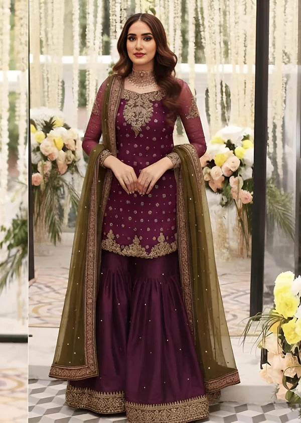 Royal Plum Tilla & Resham Worked Gharara