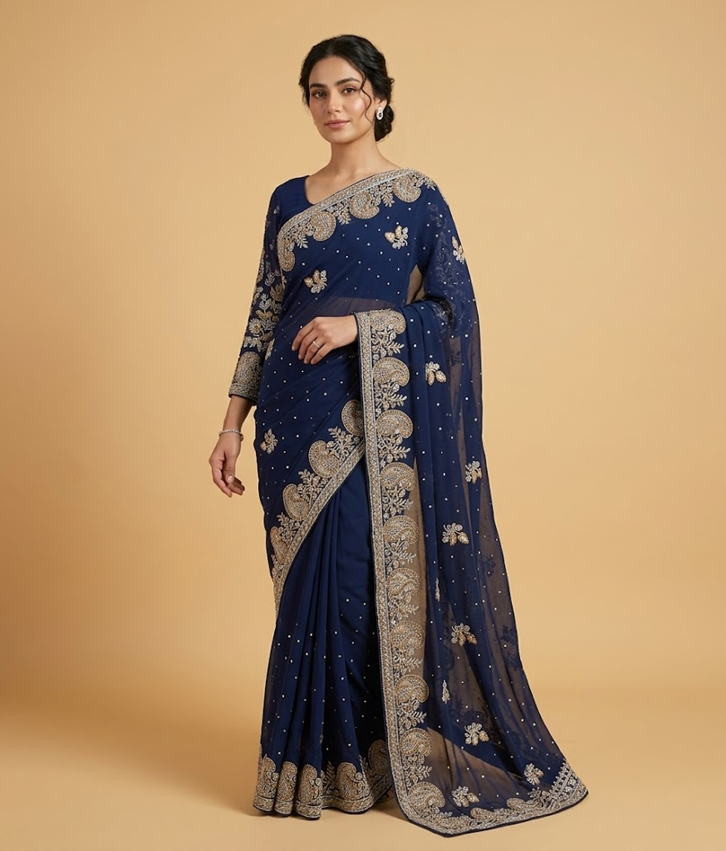 Royal Blue Chiffon Floral Vine Saree
