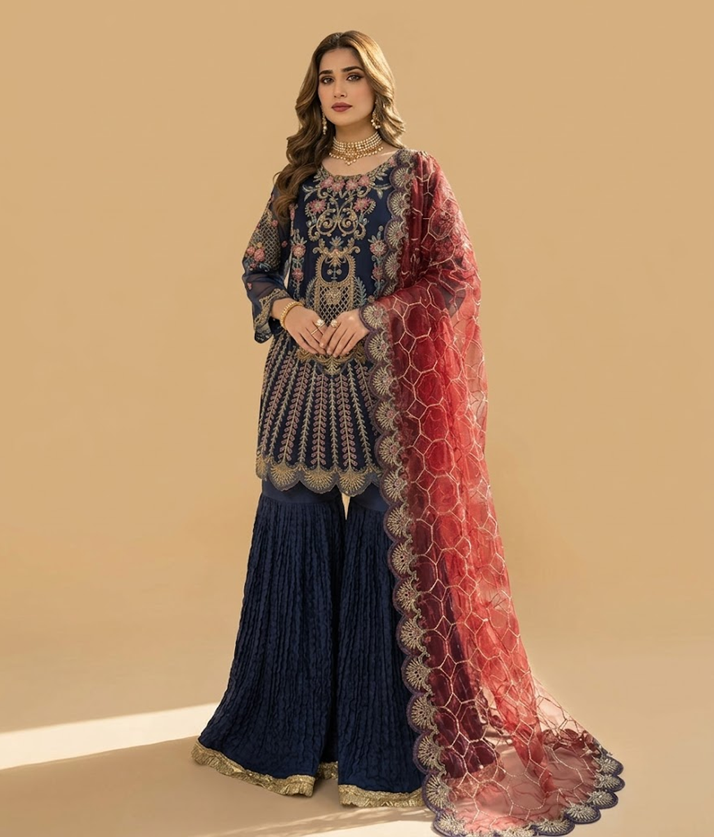 Royal Blue Contrast Zardozi & Scalloped Gharara Set