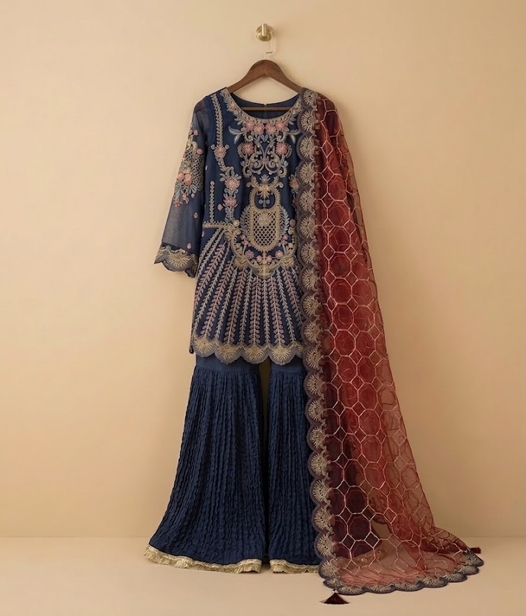 Royal Blue Contrast Zardozi & Scalloped Gharara Set