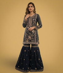 Royal Grape Hand-Embroidered Velvet-Trim Gharara