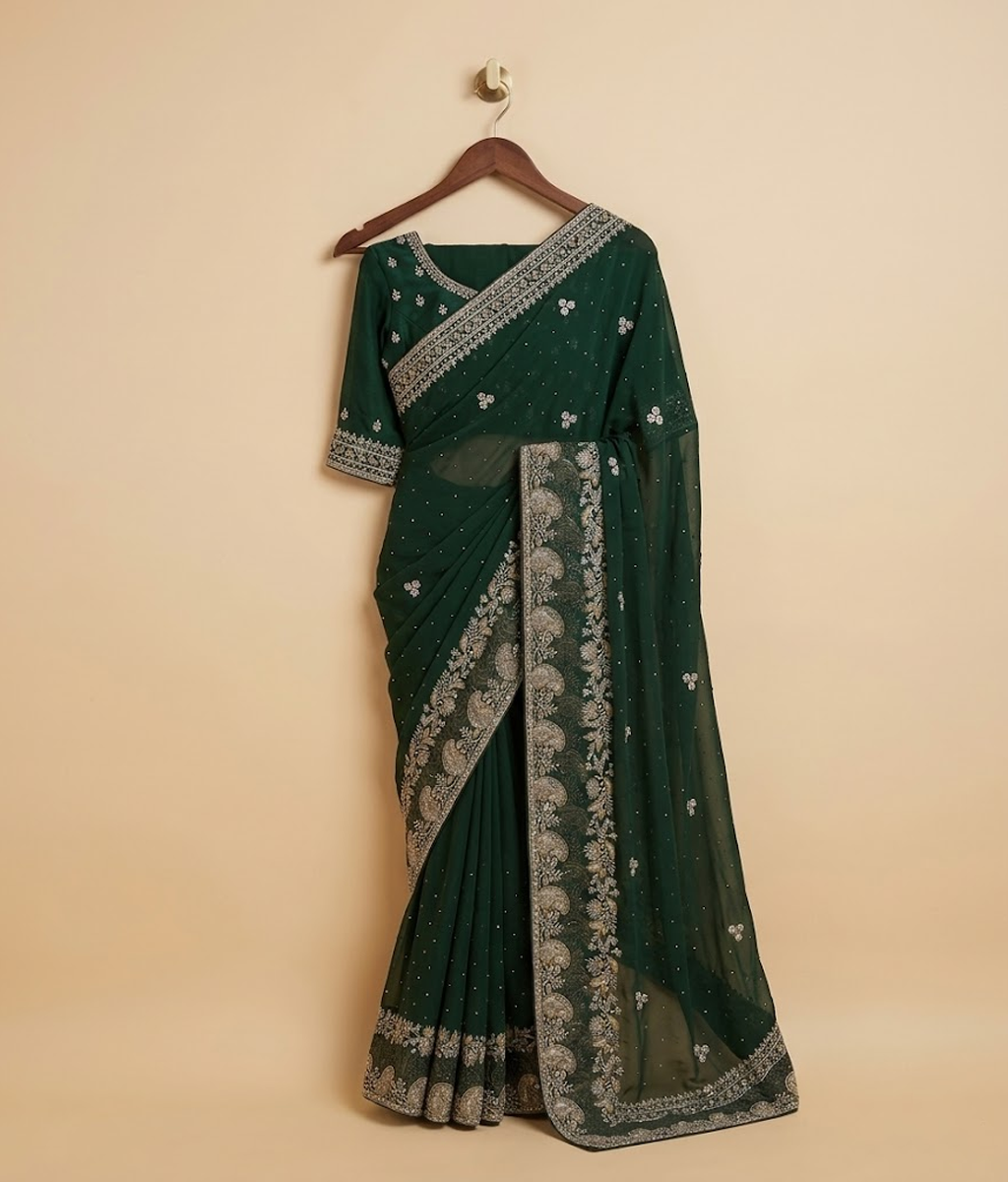 Royal Green Chiffon Floral Vine Saree