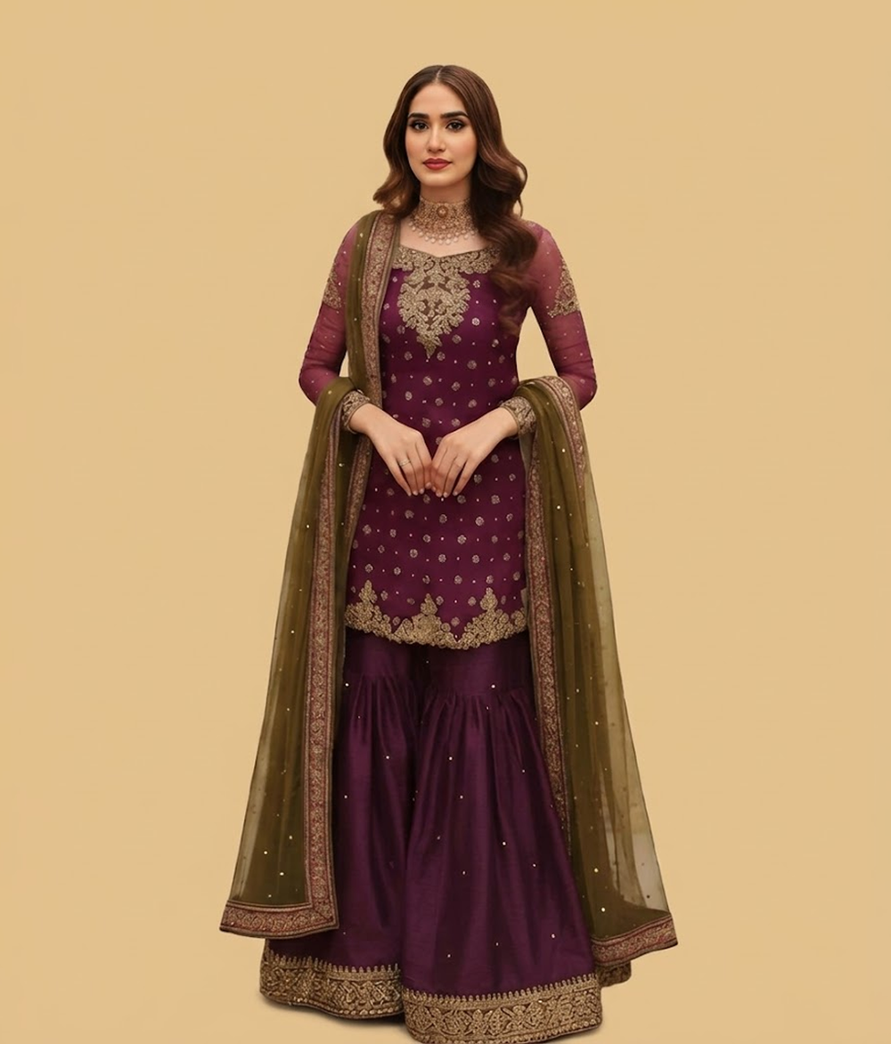 Royal Plum Tilla & Resham Worked Gharara