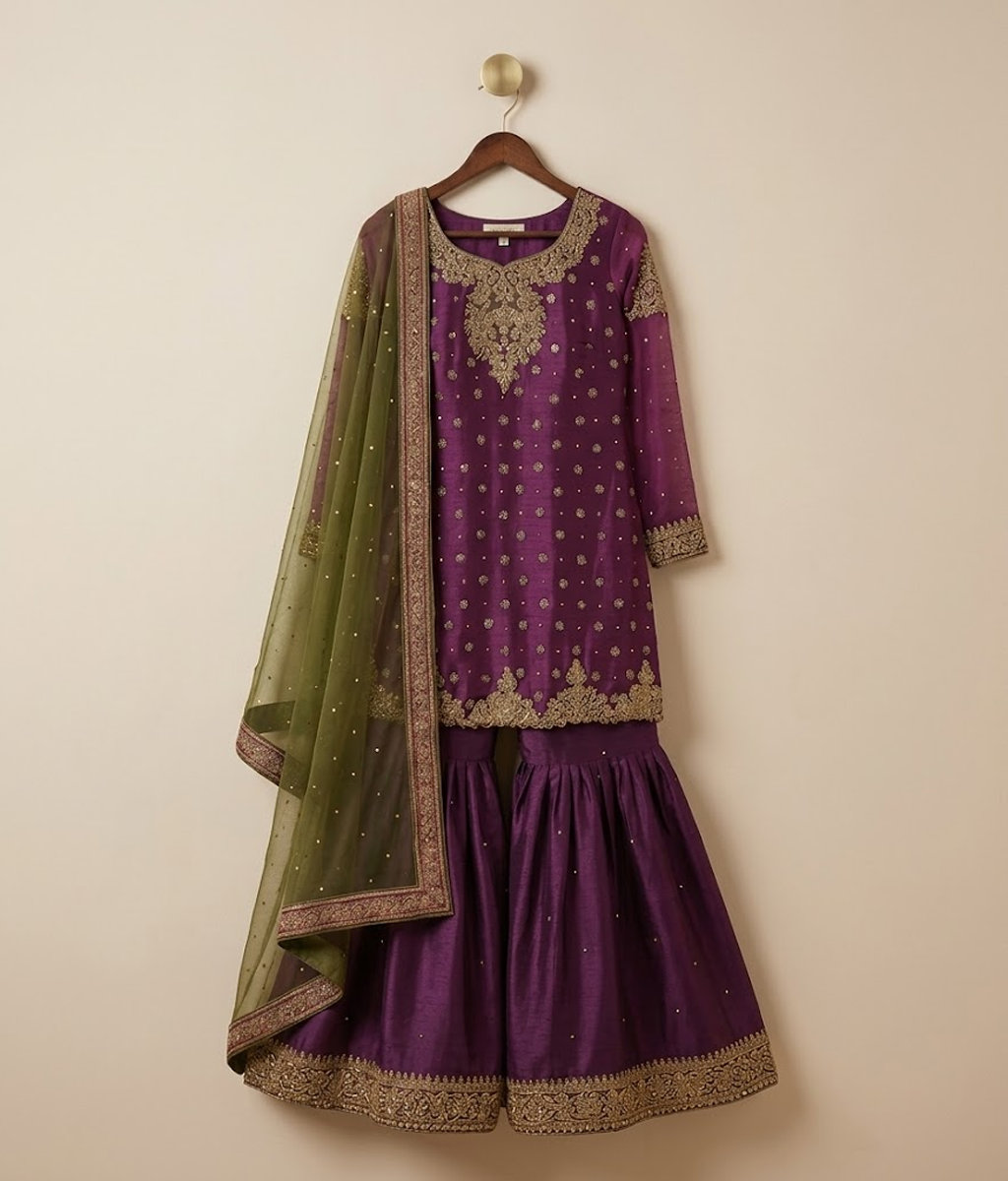 Royal Plum Tilla & Resham Worked Gharara