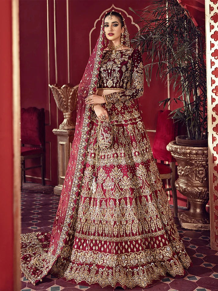 Ruby Maroon Velvet-Bodice Dabka Worked Lehnga