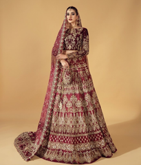 Ruby Maroon Velvet-Bodice Dabka Worked Lehnga