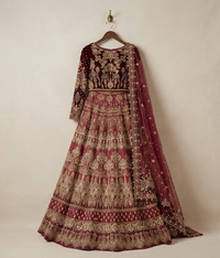 Ruby Maroon Velvet-Bodice Dabka Worked Lehnga