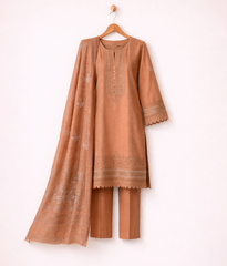 Rust lawn 3 piece with embroidered border and neckline