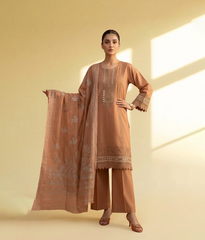 Rust lawn 3 piece with embroidered border and neckline