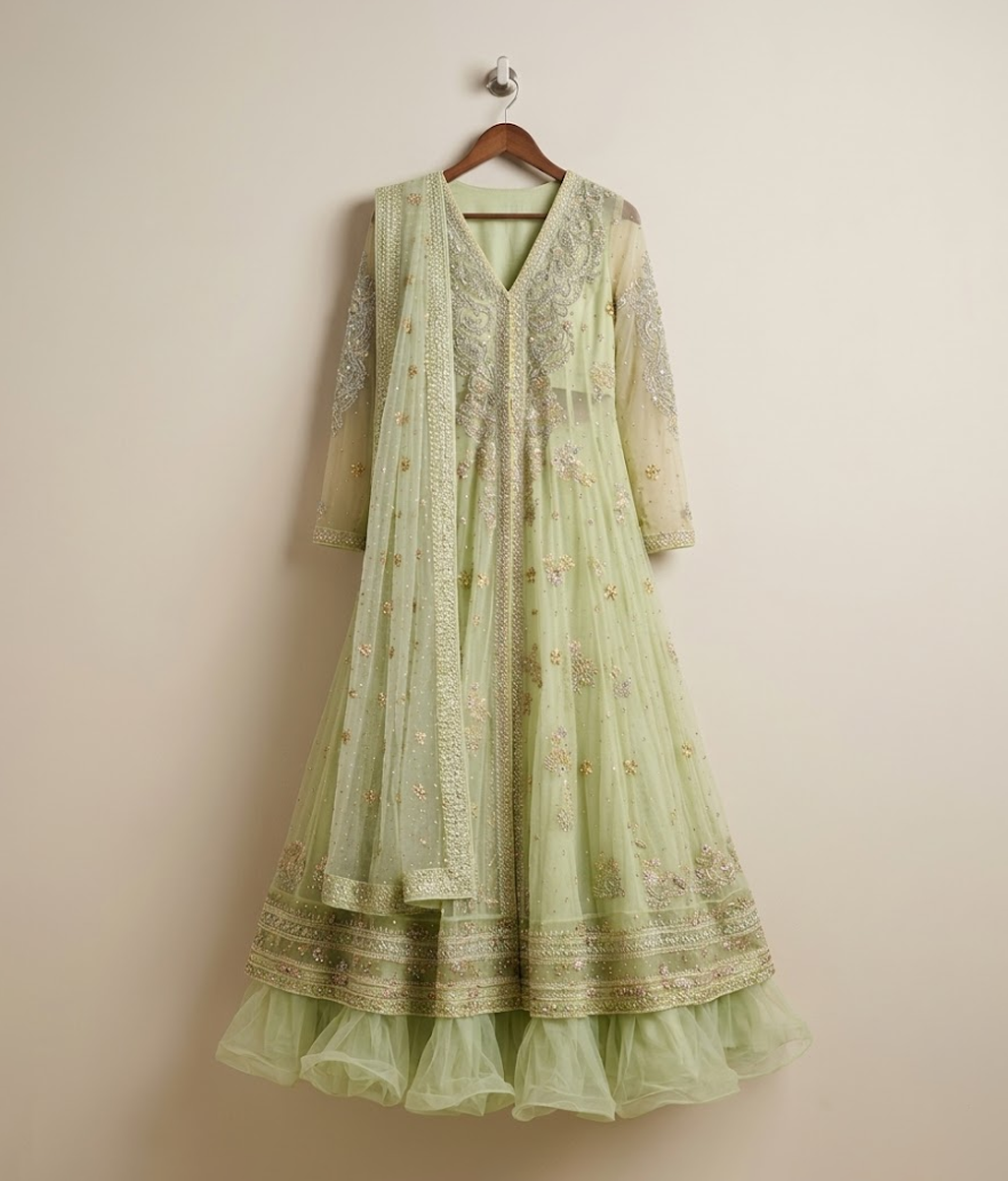 Sage Green Hand-Embellished Mukesh & Gota Pishwas