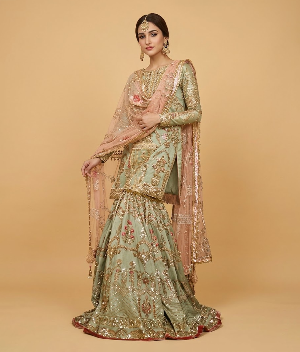 Sage Green Silver Gota-Patti Worked Gharara