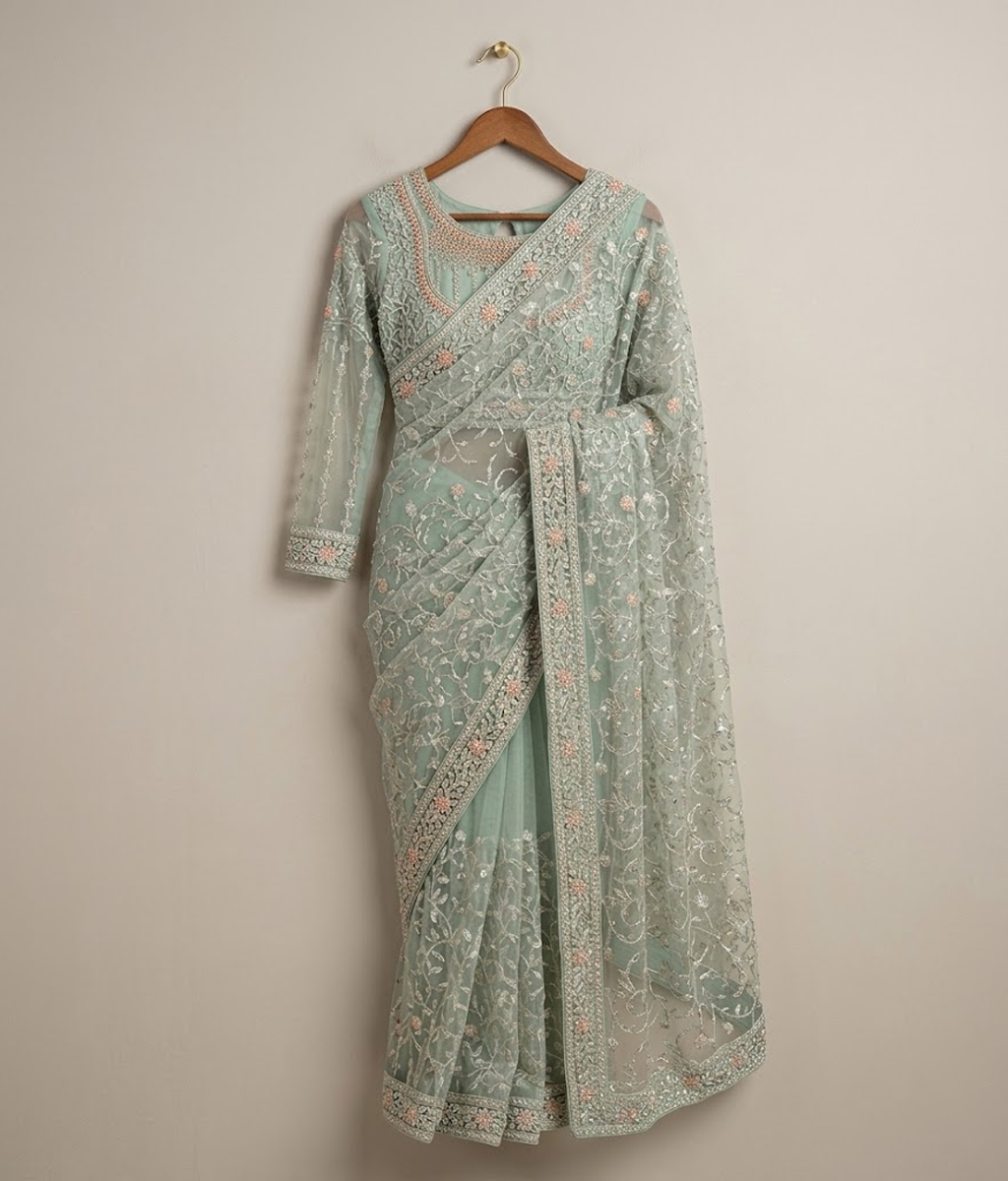 Sage green Net Jaal Work Saree