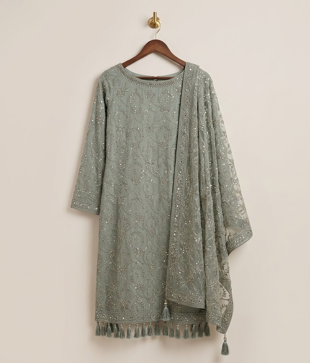 Sage green Raw Silk 2 Piece Shirt and Dupatta