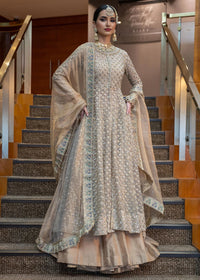 Sandy Beige Antique Zardozi Open-Front Gown
