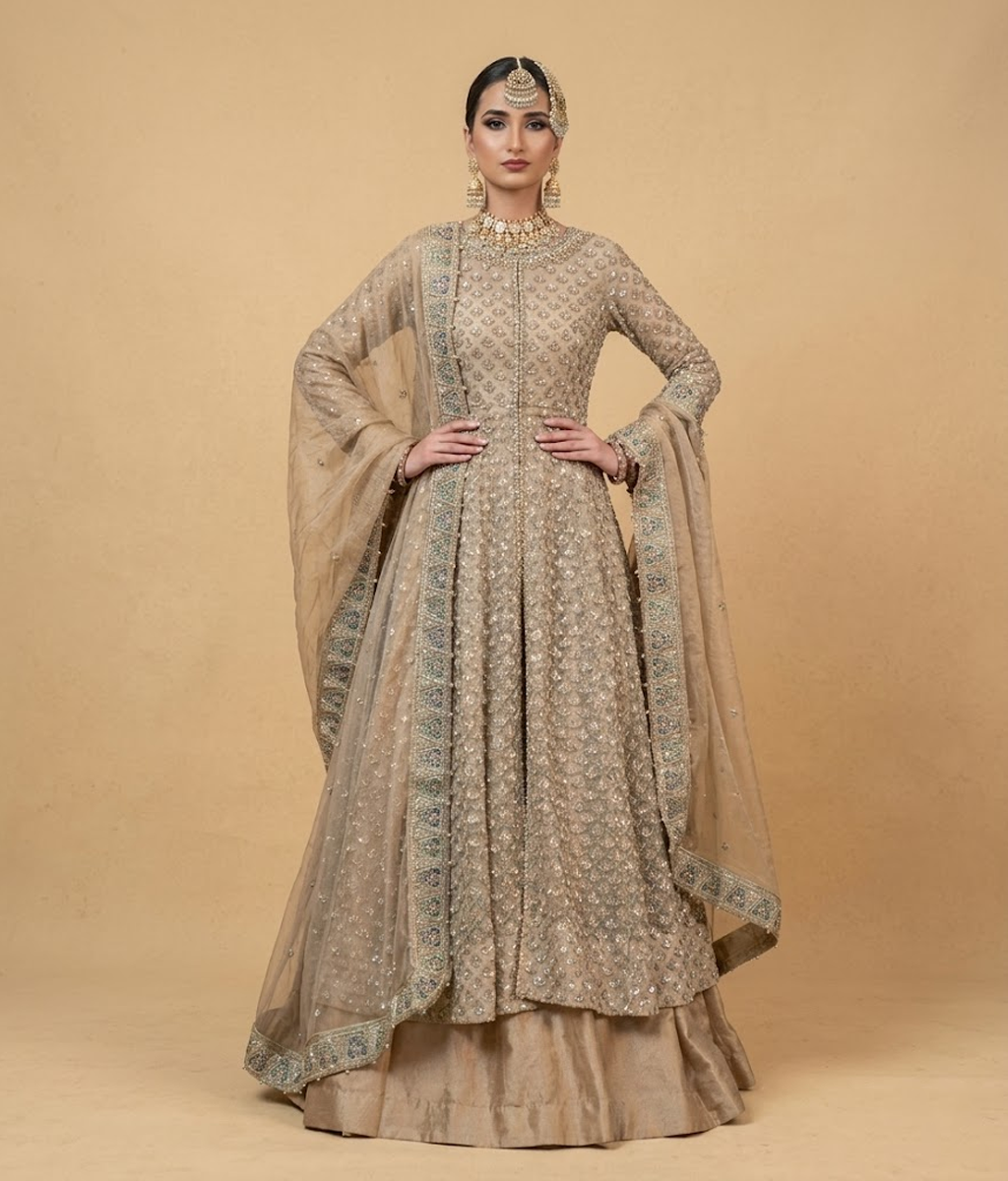 Sandy Beige Antique Zardozi Open-Front Gown