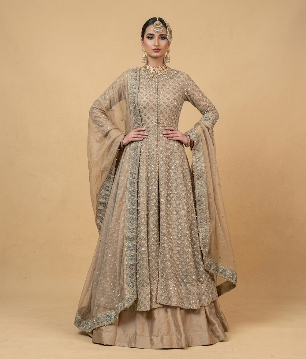 Sandy Beige Antique Zardozi Open-Front Gown