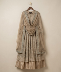 Sandy Beige Antique Zardozi Open-Front Gown