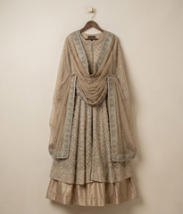 Sandy Beige Antique Zardozi Open-Front Gown