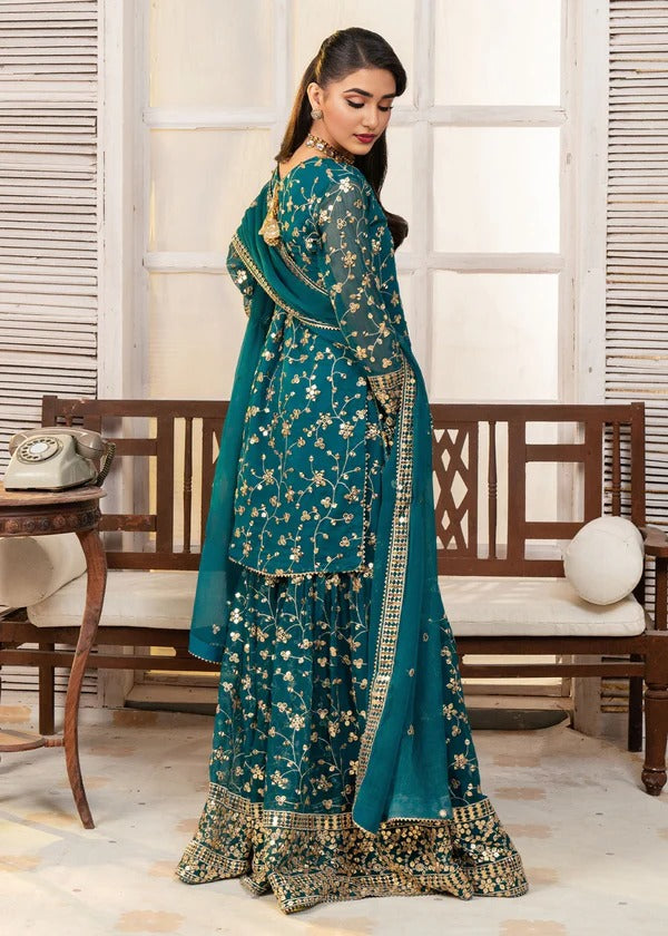 Sea Green Floral Zari & Mirror Work Gharara