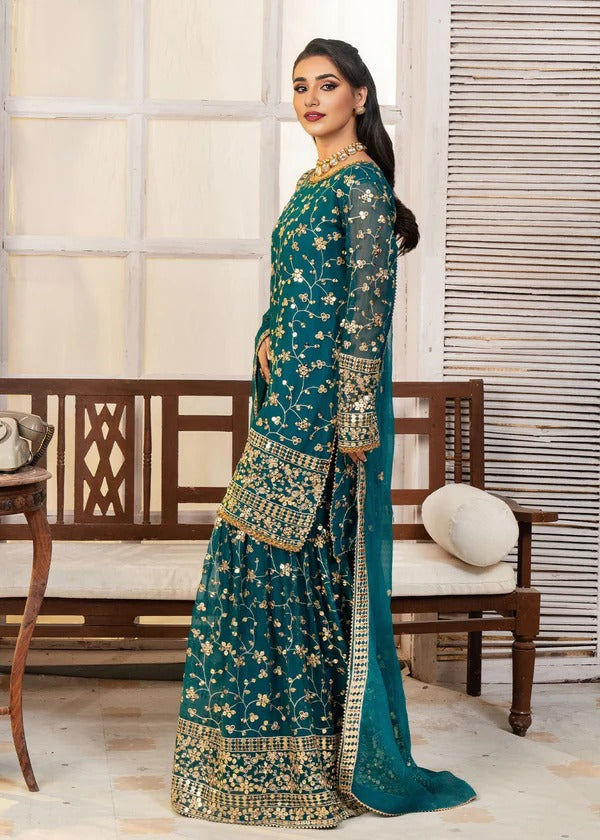 Sea Green Floral Zari & Mirror Work Gharara