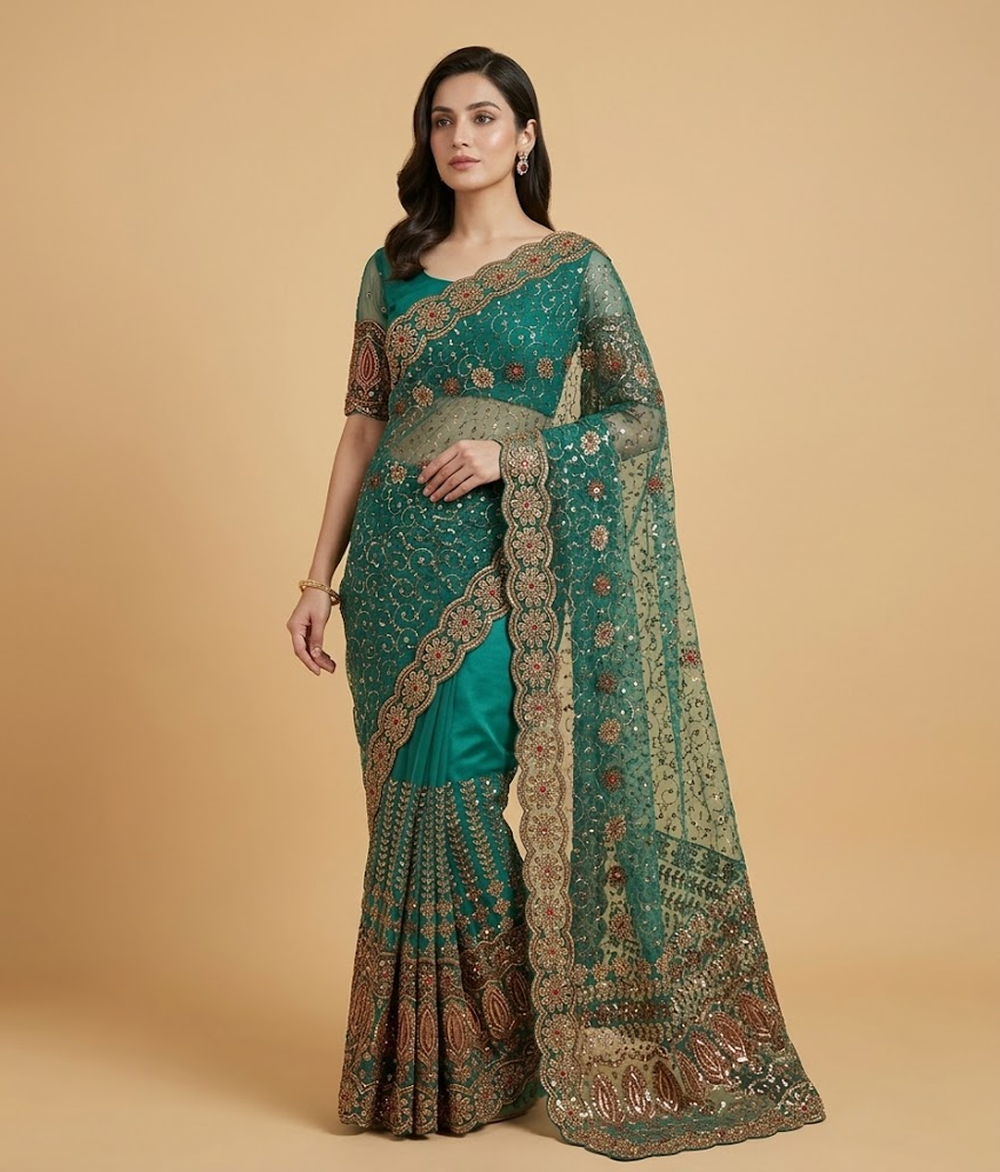Sea Green Crinkle Chiffon Sequin & Tilla Work Saree