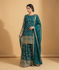 Sea Green Floral Zari & Mirror Work Gharara