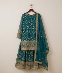 Sea Green Floral Zari & Mirror Work Gharara