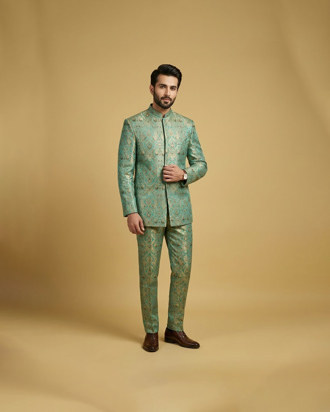 Sea Green Jamawar Open Prince Coat