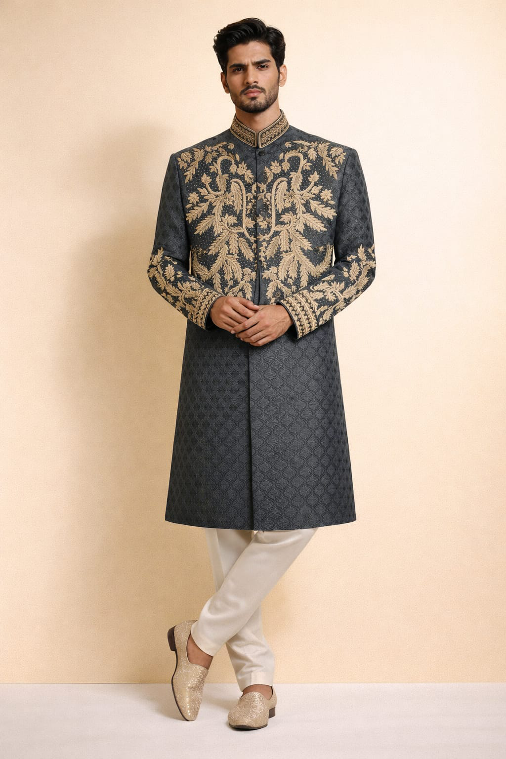 Sherwani embossed jamawar handwork