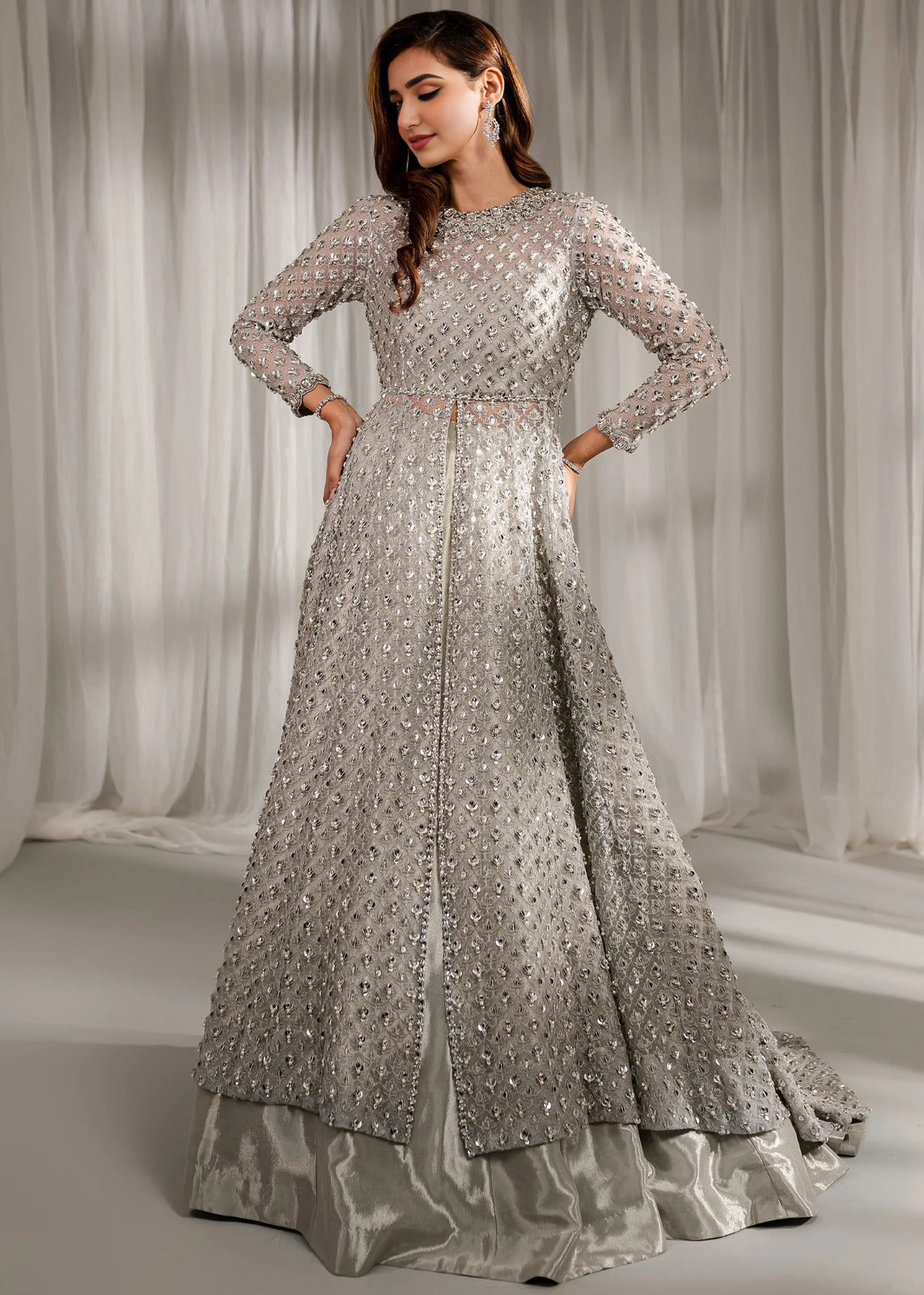 Silver Chrome Sequin-Encrusted Front-Open Gown