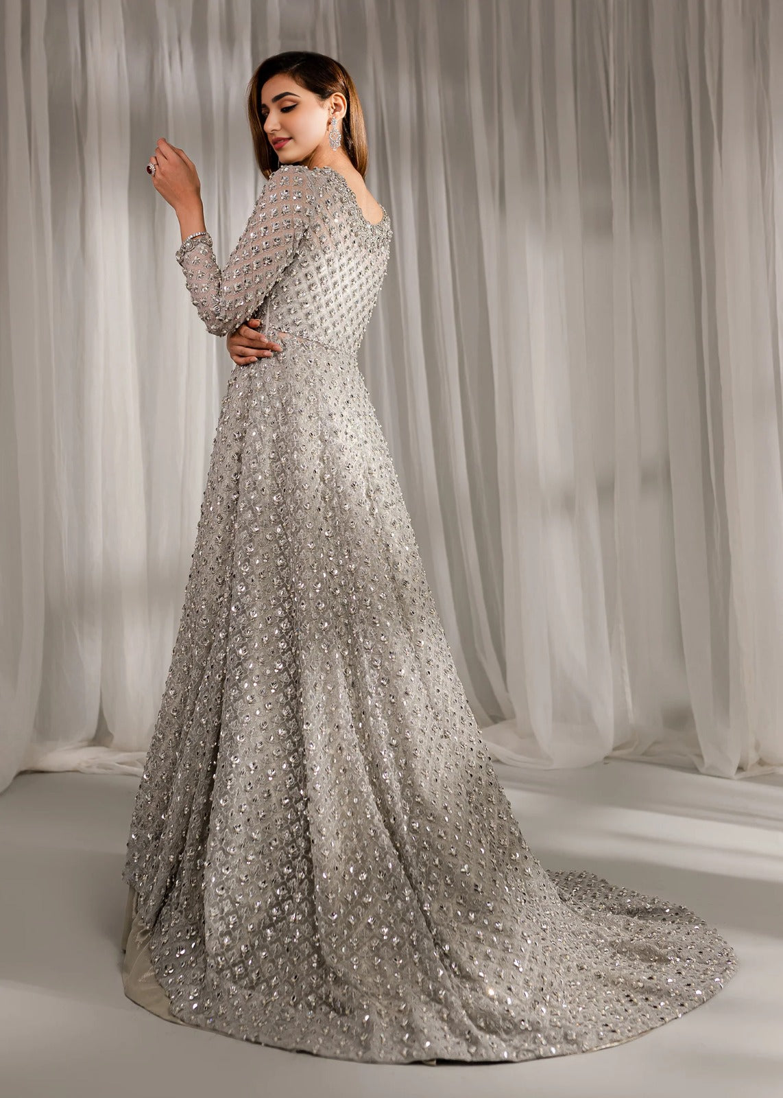 Silver Chrome Sequin-Encrusted Front-Open Gown