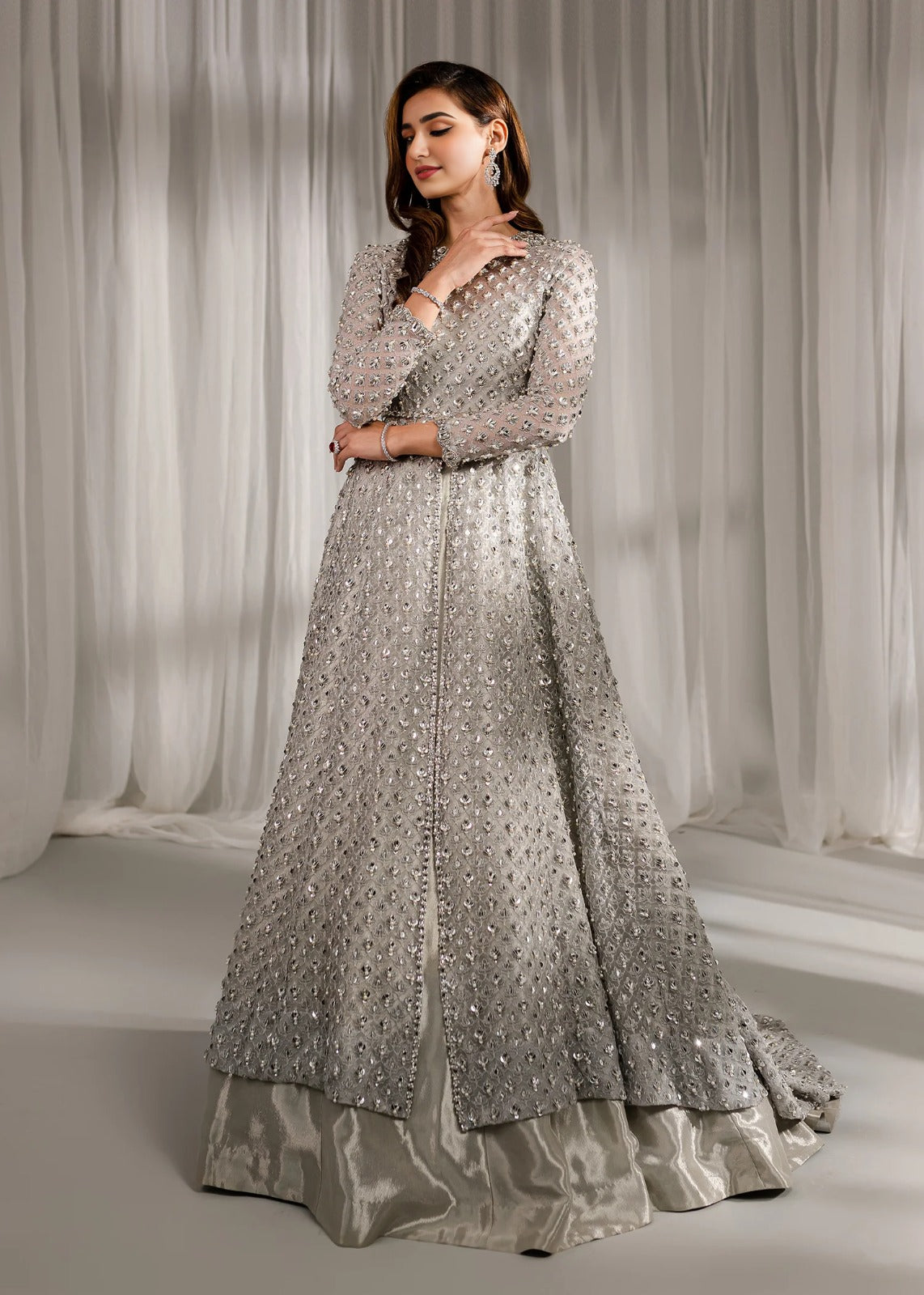 Silver Chrome Sequin-Encrusted Front-Open Gown