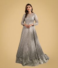 Silver Chrome Sequin-Encrusted Front-Open Gown