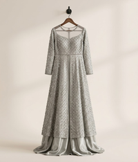 Silver Chrome Sequin-Encrusted Front-Open Gown