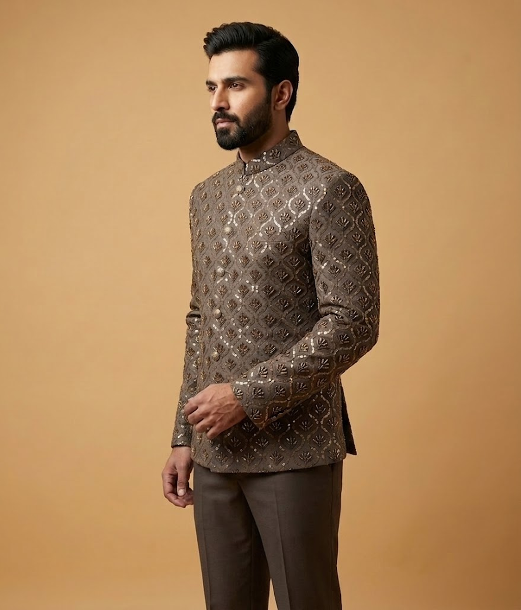 Silver Leaf Sequin Jamawar Dulha House