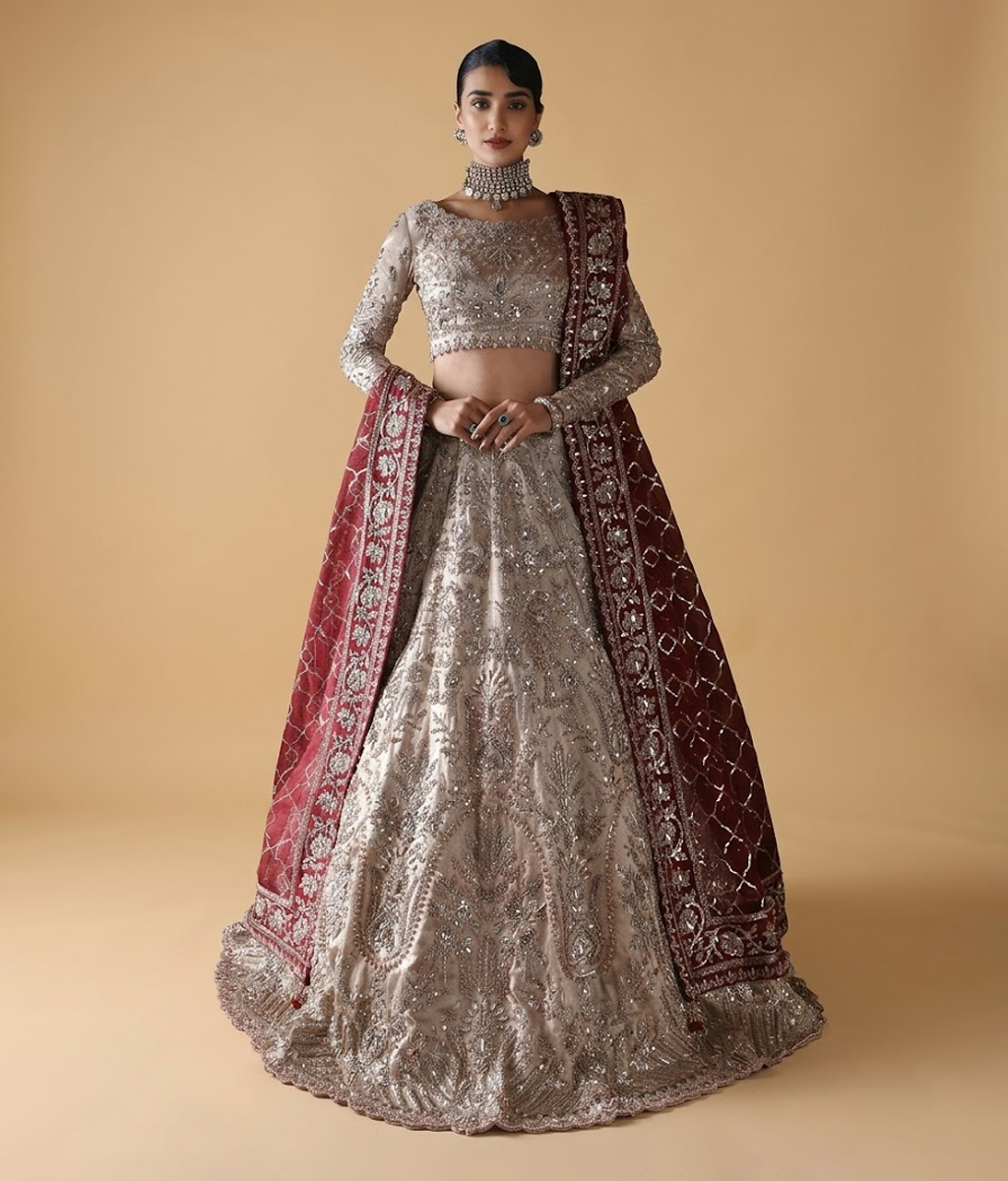 Silver Metallic Vasli Lehnga with Crimson Border