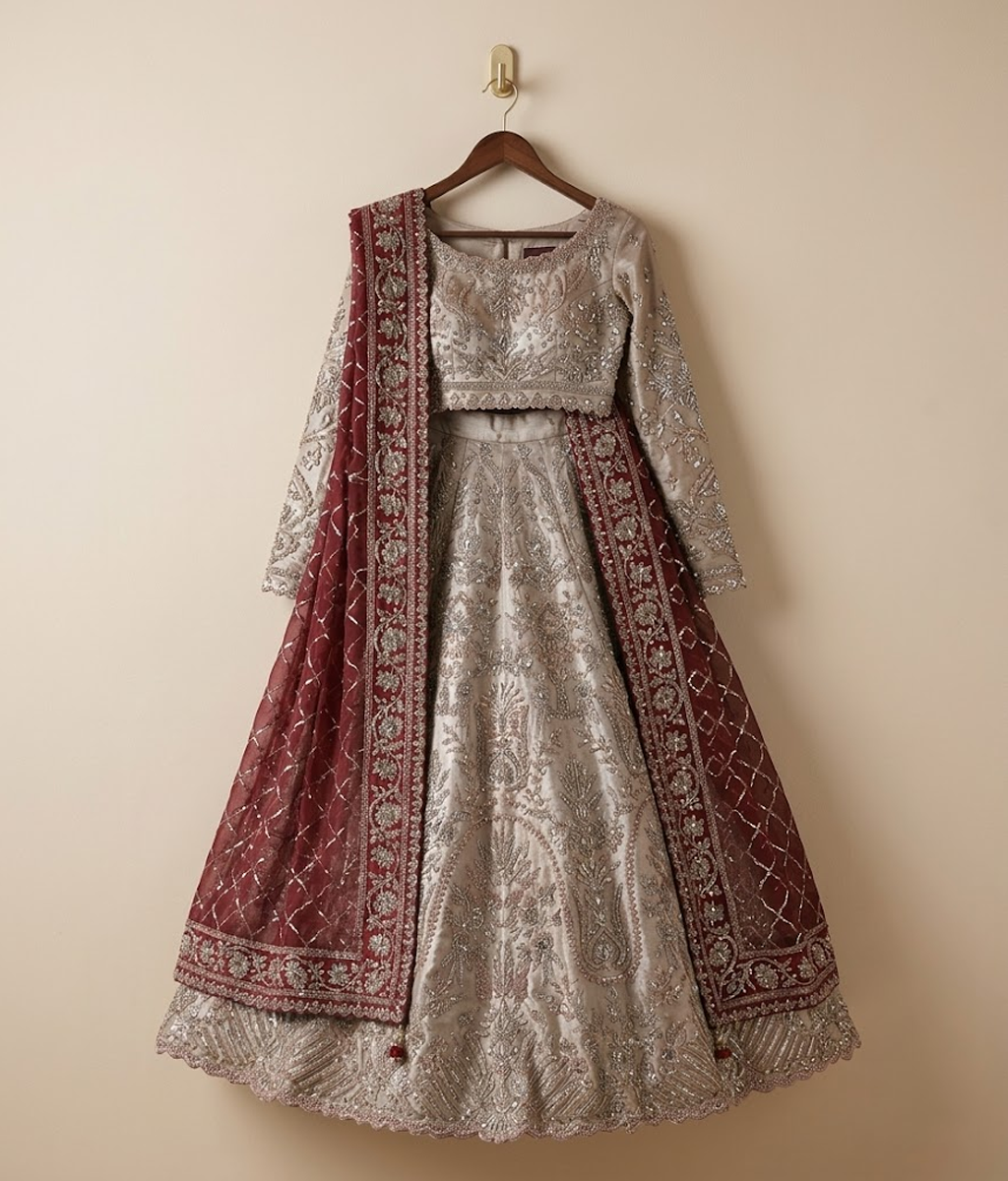 Silver Metallic Vasli Lehnga with Crimson Border