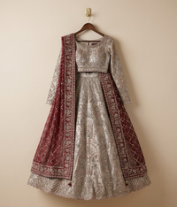 Silver Metallic Vasli Lehnga with Crimson Border