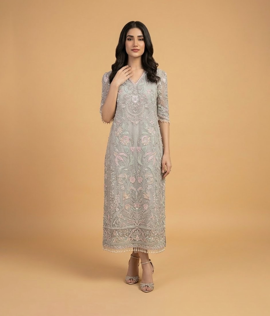 Silver Mist Pastel Resham & Sequins Straight Kurta