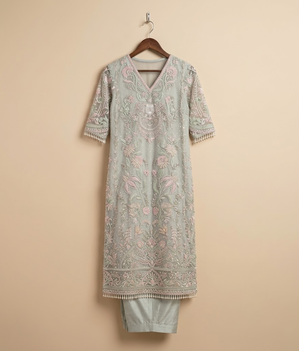 Silver Mist Pastel Resham & Sequins Straight Kurta