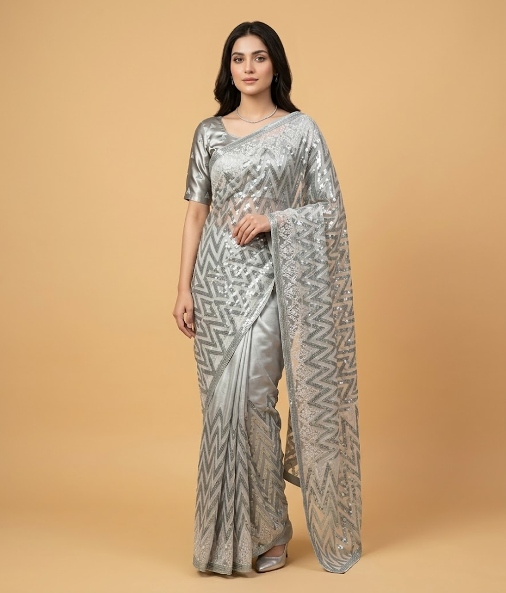 Silver Zig-Zag Dual Tone Patterned Net Saree with Silk Blouse