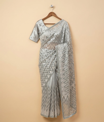 Silver Zig-Zag Dual Tone Patterned Net Saree with Silk Blouse