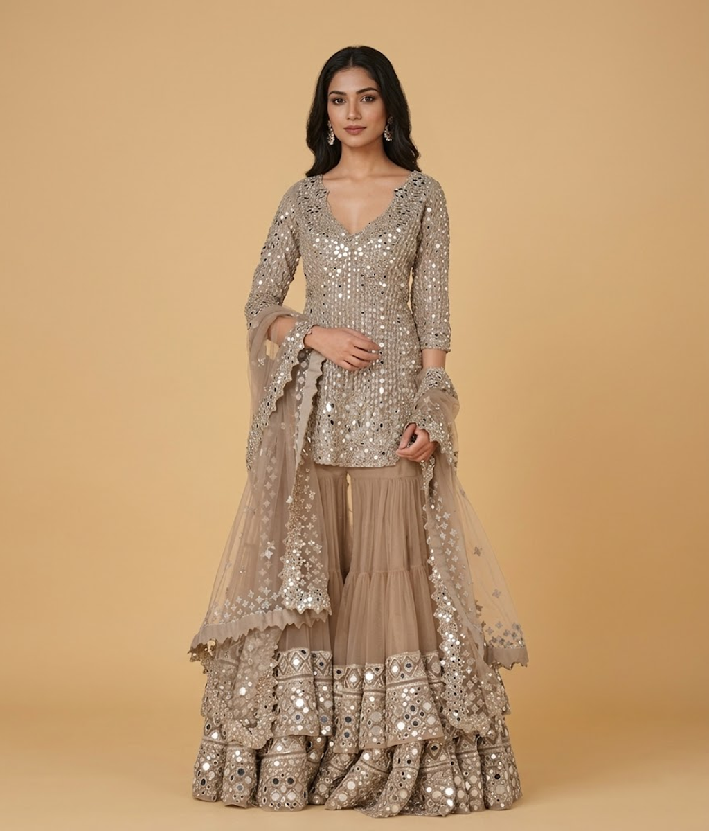Silver and Taupe Mirror Work Gharara