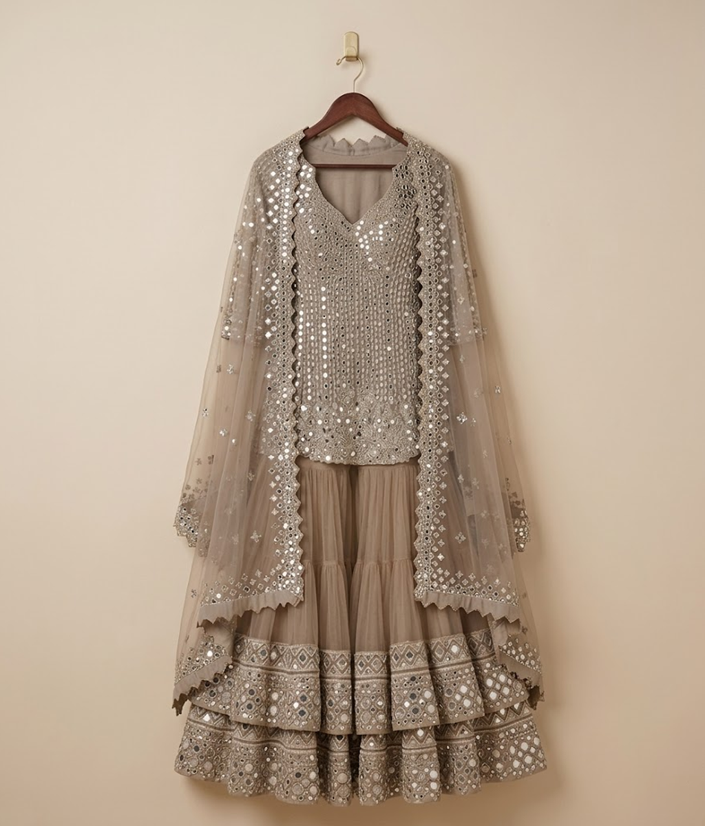 Silver and Taupe Mirror Work Gharara