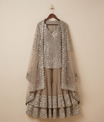 Silver and Taupe Mirror Work Gharara