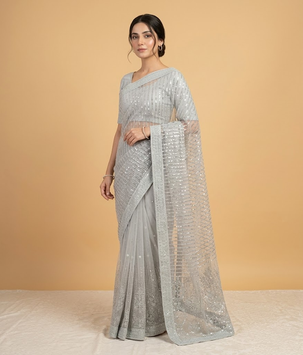 Silver patterned Net saree