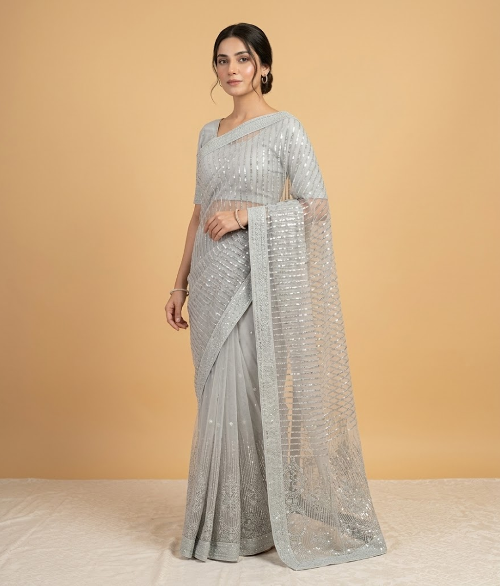 Silver patterned Net saree
