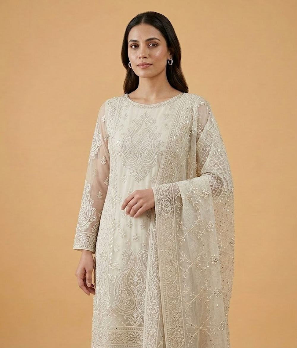 Silver white Raw Silk 2 Piece Shirt and Dupatta