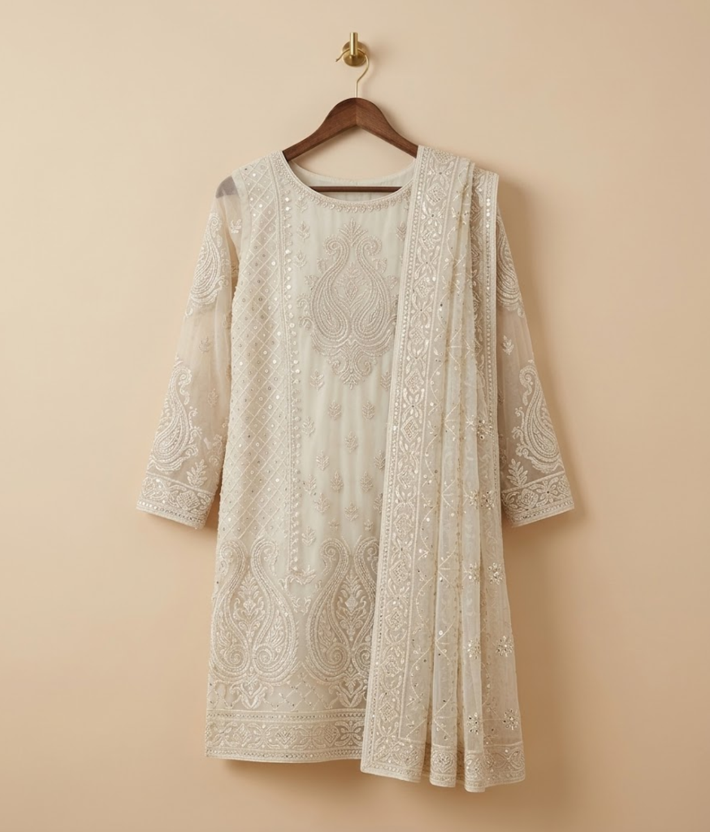 Silver white Raw Silk 2 Piece Shirt and Dupatta