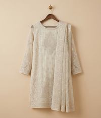 Silver white Raw Silk 2 Piece Shirt and Dupatta